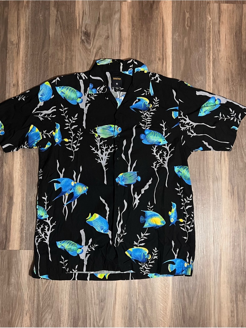 Vintage Nautica Competition Hawaiian Shirt Tropical Fish Print Black Men’s M